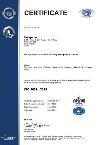 Unispares India ISO 9001- 2015