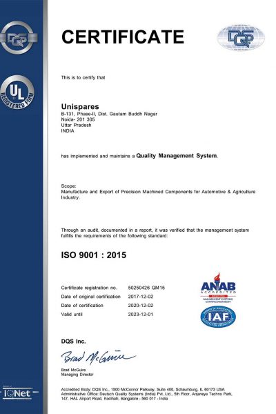 Unispares India ISO 9001- 2015